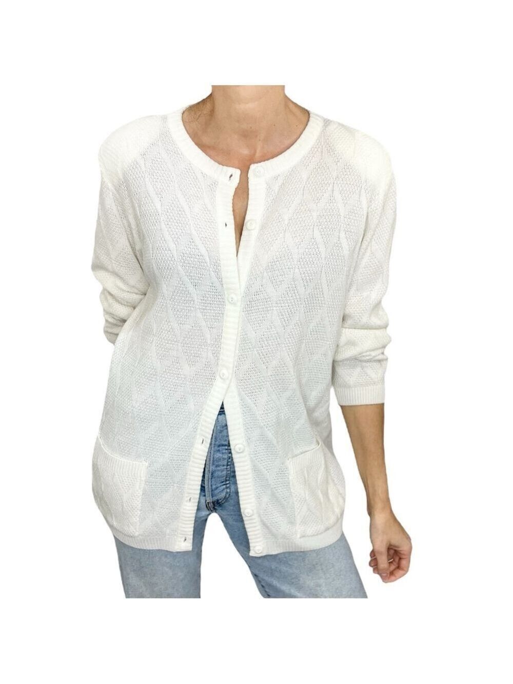 Vintage 80s 90s ivory white lattice knit grandma cardigan sweater